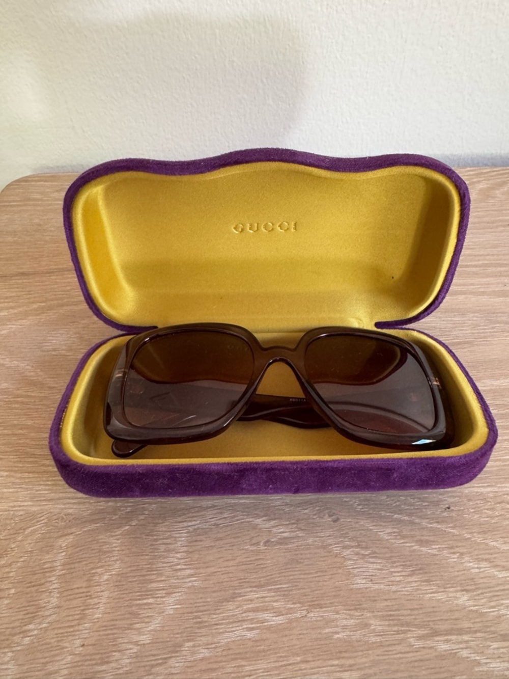 Gucci Brown Oversized Sunglasses with Purple & Yellow Case